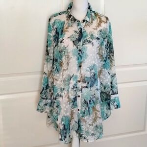 Multiples women's size 1X green navy swiss dot sheer long sleeve button down